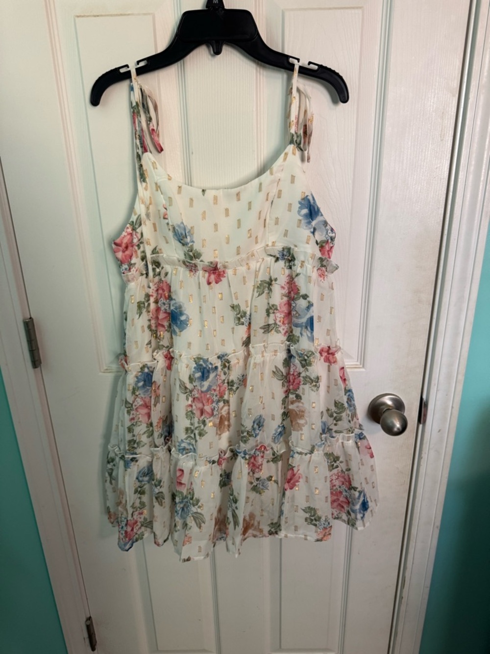 White Floral Tiered Sundress with Gold Accent